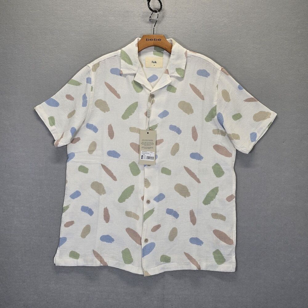 Folk Mens Button Up Shirt Medium Short Sleeve Textured Cotton Contour New